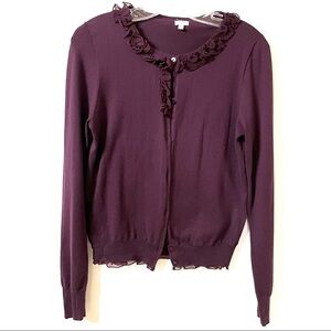 J Crew Purple Cardigan Ruffle Silk Trim Button Sweater quiet-luxury cottage-core